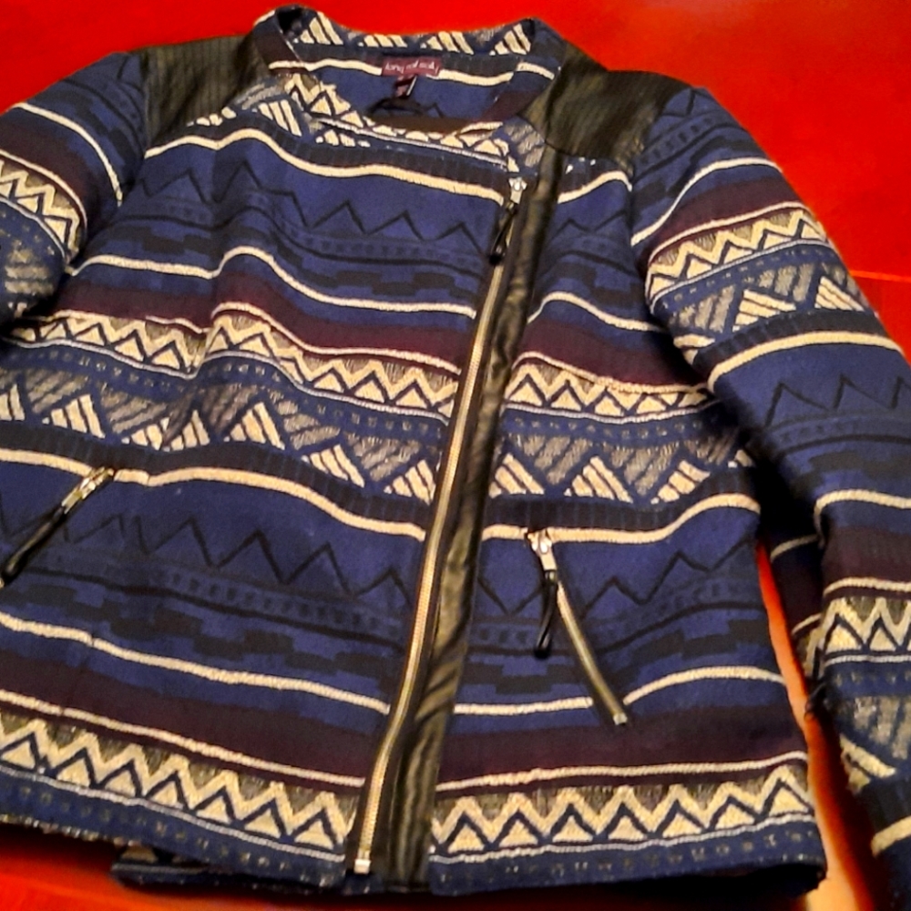 Long Tall Sally Size 18T, Aysemetrical Zip Aztec Jacket W/Vegan Leather Accents